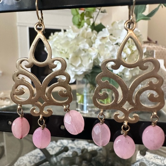 Gold Dangle Earrings w/ Pink - Picture 1 of 2